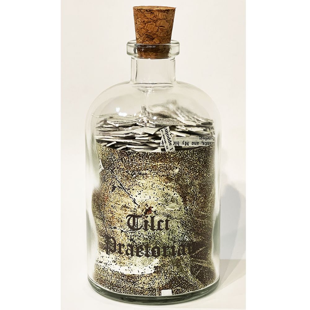<br/>Tilci Praetorian, 10/10/2025<br/>Apx 6½" x 3" x 3"<br/>glass, paper, ink and cork